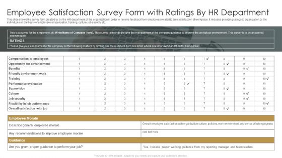 Employee Satisfaction Survey Form With Ratings By HR Department Ppt Infographic Template Topics PDF Employee Satisfaction Survey Form With Ratings By HR Department Ppt Infographic Template Topics PDF