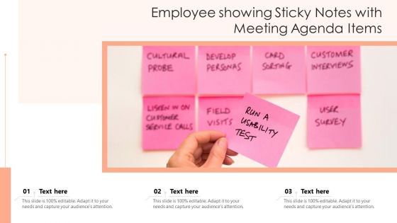 Employee Showing Sticky Notes With Meeting Agenda Items Ppt PowerPoint Presentation File Summary PDF