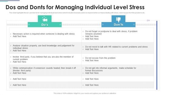 Employee Stress Management Methods Dos And Donts For Managing Individual Level Stress Sample PDF Employee Stress Management Methods Dos And Donts For Managing Individual Level Stress Sample PDF