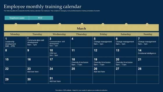 Employee Training And Development Strategy Employee Monthly Training Calendar Demonstration PDF Employee Training And Development Strategy Employee Monthly Training Calendar Demonstration PDF