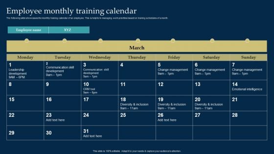 Employee Training And Development Strategy Employee Monthly Training Calendar Demonstration PDF