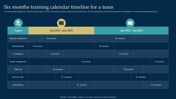 Employee Training And Development Strategy Six Months Training Calendar Timeline For A Team Pictures PDF