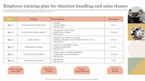 Employee Training Plan For Objection Handling And Sales Closure Formats PDF