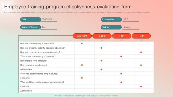 Employee Training Program Effectiveness Evaluation Form Information PDF