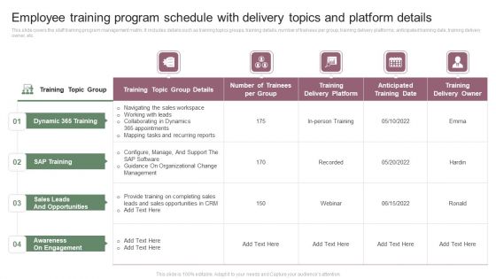 Employee Training Program Schedule With Delivery Topics And Platform Details Mockup PDF