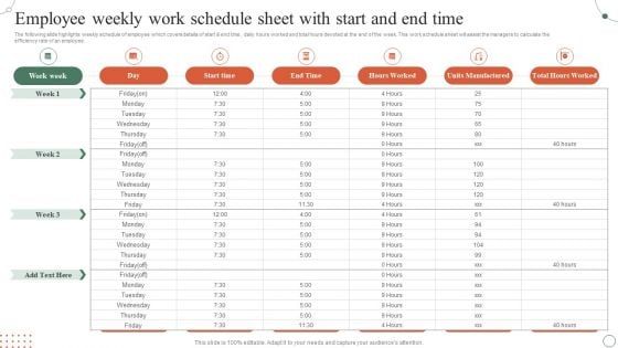 Employee Weekly Work Schedule Sheet With Start And End Time Ppt Portfolio Design Inspiration PDF