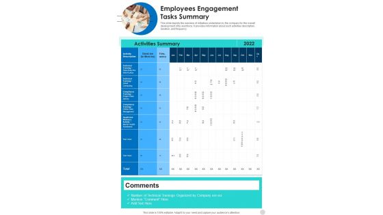 Employees Engagement Tasks Summary One Pager Documents