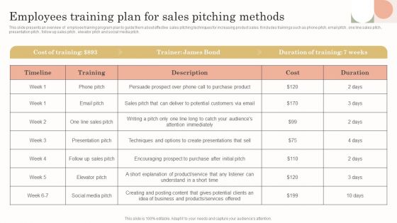 Employees Training Plan For Sales Pitching Methods Elements PDF