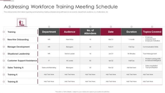 Employees Training Playbook Addressing Workforce Training Meeting Schedule Pictures PDF