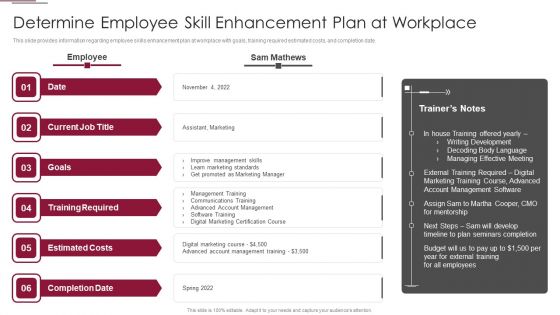 Employees Training Playbook Determine Employee Skill Enhancement Plan At Workplace Information PDF