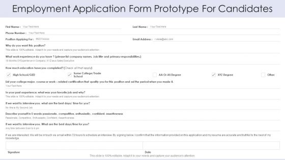 Employment Application Form Prototype For Candidates Pictures PDF