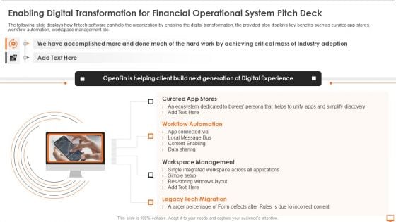 Enabling Digital Transformation For Financial Operational System Pitch Deck Ppt Slides Ideas PDF