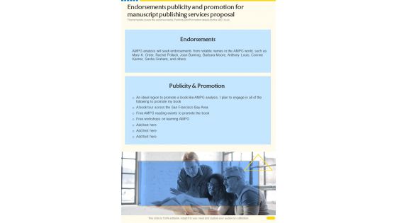 Endorsements Publicity And Promotion For Manuscript Publishing Services One Pager Sample Example Document