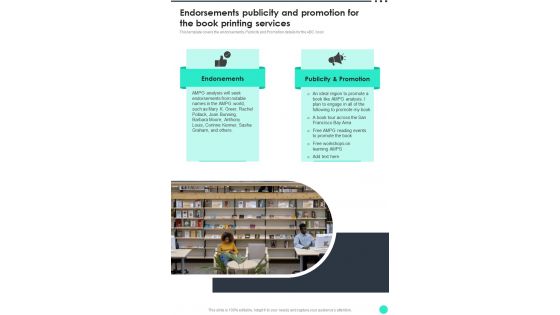 Endorsements Publicity And Promotion For The Book Printing Services One Pager Sample Example Document