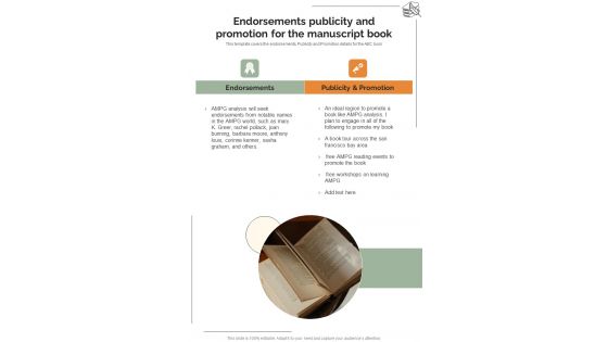 Endorsements Publicity And Promotion For The Manuscript Book One Pager Sample Example Document