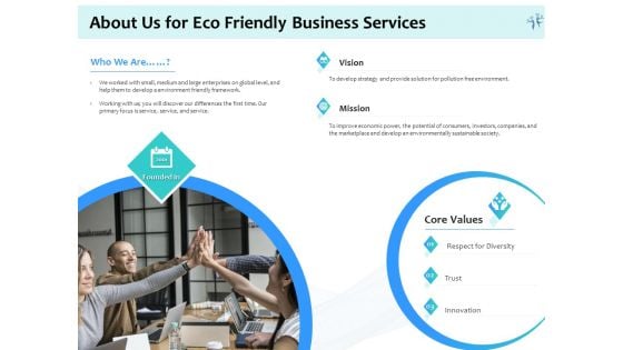 Energy Efficient Corporate About Us For Eco Friendly Business Services Ppt Professional Graphic Images PDF