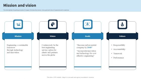 Engineering Services Company Report Mission And Vision Ppt PowerPoint Presentation File Outfit PDF