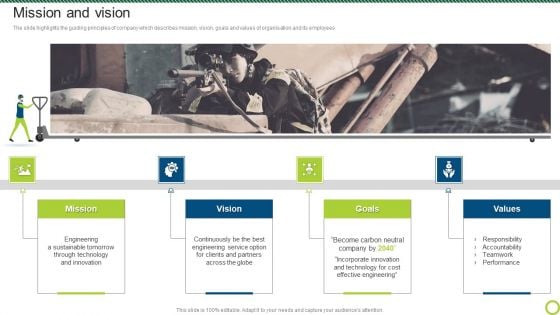 Engineering Solutions Company Detail Mission And Vision Slides PDF