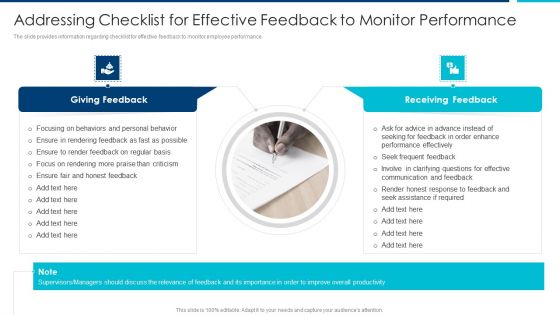 Enhanced Workforce Effectiveness Structure Addressing Checklist For Effective Feedback To Monitor Icons PDF