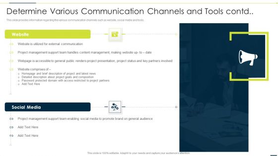 Enhancing Companys Project Determine Various Communication Channels And Tools Contd Portrait PDF