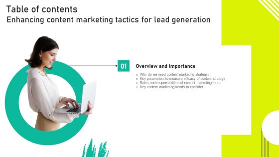 Enhancing Content Marketing Tactics For Lead Generation Table Of Contents Ppt Portfolio Background Image PDF