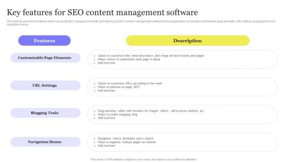 Enhancing Digital Visibility Using SEO Content Strategy Key Features For SEO Content Management Software Infographics PDF Enhancing Digital Visibility Using SEO Content Strategy Key Features For SEO Content Management Software Infographics PDF