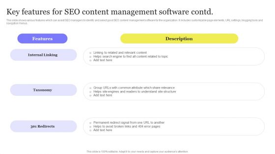Enhancing Digital Visibility Using SEO Content Strategy Key Features For SEO Content Management Software Infographics PDF