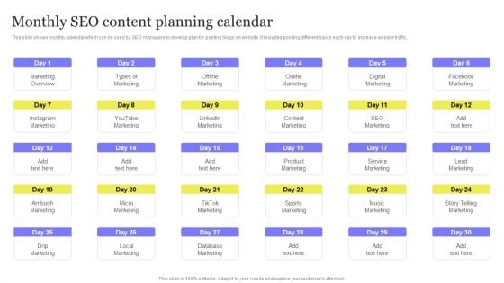 Enhancing Digital Visibility Using SEO Content Strategy Monthly SEO Content Planning Calendar Clipart PDF