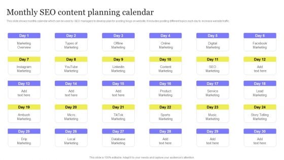 Enhancing Digital Visibility Using SEO Content Strategy Monthly SEO Content Planning Calendar Clipart PDF