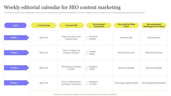 Enhancing Digital Visibility Using SEO Content Strategy Weekly Editorial Calendar SEO Content Microsoft PDF