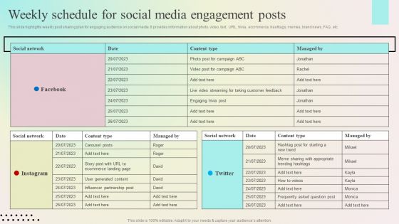 Enhancing Organic Reach Weekly Schedule For Social Media Engagement Posts Formats PDF