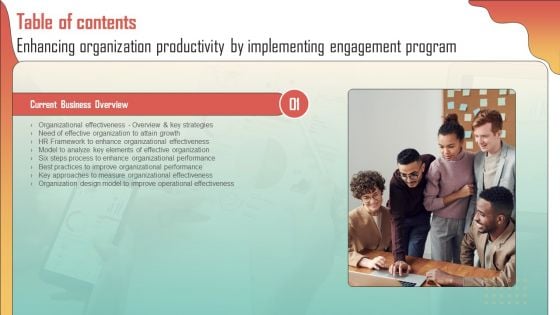 Enhancing Organization Productivity By Implementing Engagement Program Table Of Contents Summary PDF