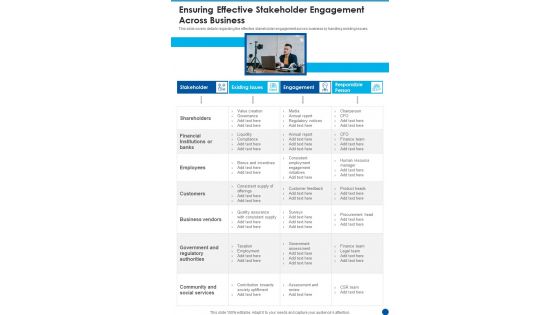 Ensuring Effective Stakeholder Engagement Across Business Template 159 One Pager Documents