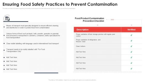 Ensuring Food Safety Practices To Prevent Contamination Application Of Quality Management For Food Processing Companies Themes PDF