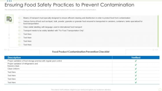 Ensuring Food Safety Practices To Prevent Contamination Food Security Excellence Ppt Outline Styles PDF