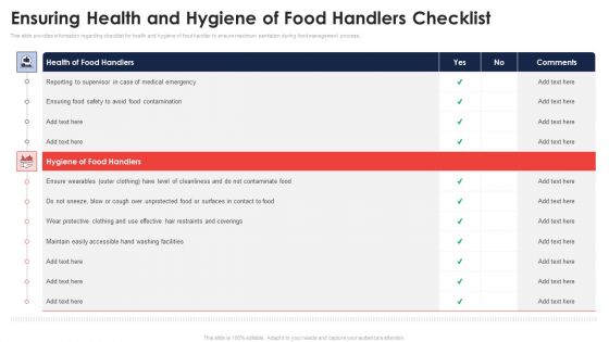 Ensuring Health And Hygiene Of Food Handlers Checklist Application Of Quality Management For Food Processing Companies Summary PDF