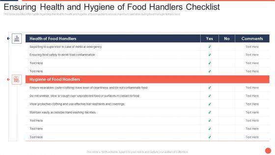 Ensuring Health And Hygiene Of Food Handlers Checklist Assuring Food Quality And Hygiene Microsoft PDF