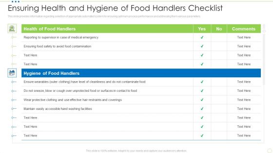 Ensuring Health And Hygiene Of Food Handlers Checklist Food Security Excellence Ppt Slides Graphics PDF