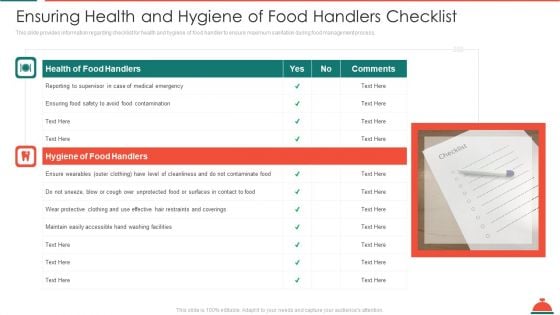 Ensuring Health And Hygiene Of Food Handlers Checklist Increased Superiority For Food Products Information PDF