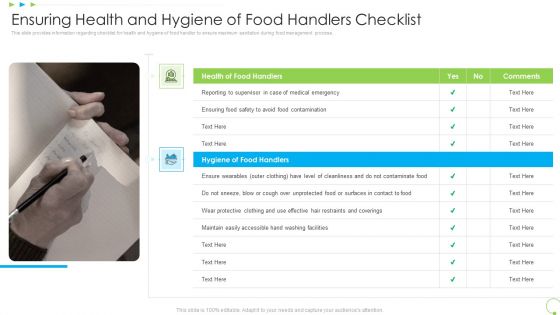 Ensuring Health And Hygiene Of Food Handlers Checklist Uplift Food Production Company Quality Standards Themes PDF