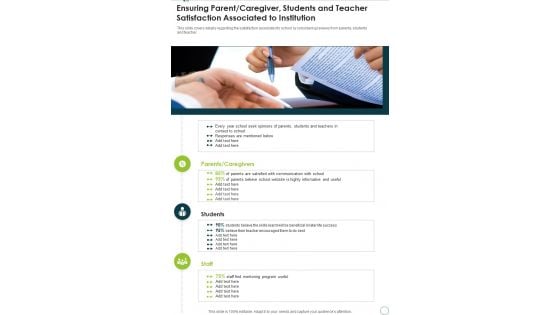 Ensuring Parent Caregiver Students And Teacher Satisfaction Associated To Institution One Pager Documents Ensuring Parent Caregiver Students And Teacher Satisfaction Associated To Institution One Pager Documents