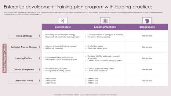 Enterprise Development Training Plan Program With Leading Practices Slides PDF Enterprise Development Training Plan Program With Leading Practices Slides PDF