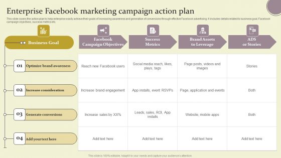 Enterprise Facebook Marketing Campaign Action Plan Ppt Show Clipart Images PDF