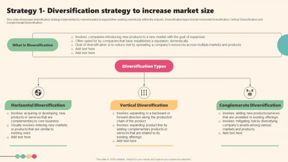 Enterprise Leaders Technique To Achieve Market Control Strategy 1 Diversification Strategy Increase Market Size Slides PDF