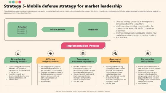 Enterprise Leaders Technique To Achieve Market Control Strategy 5 Mobile Defense Strategy For Market Leadership Template PDF