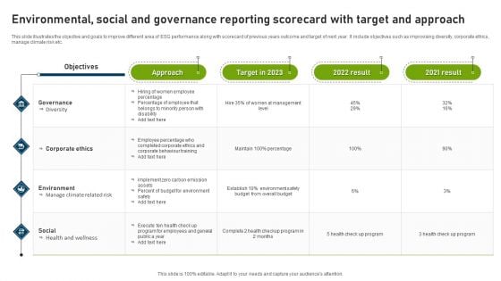 Environmental Social And Governance Reporting Scorecard With Target And Approach Background PDF