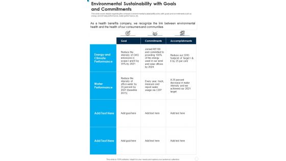 Environmental Sustainability With Goals And Commitments One Pager Documents