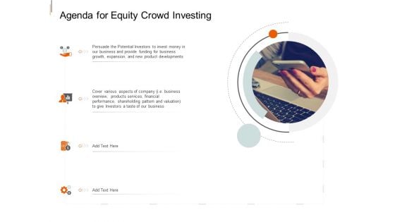 Equity Crowd Investing Agenda For Equity Crowd Investing Ppt Icon Background Image PDF