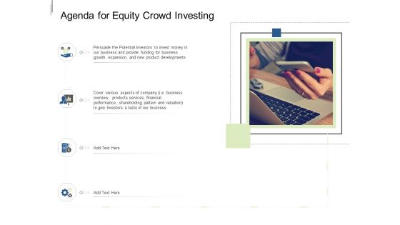 Equity Crowdfunding Pitch Deck Agenda For Equity Crowd Investing Ppt Infographics Graphics PDF
