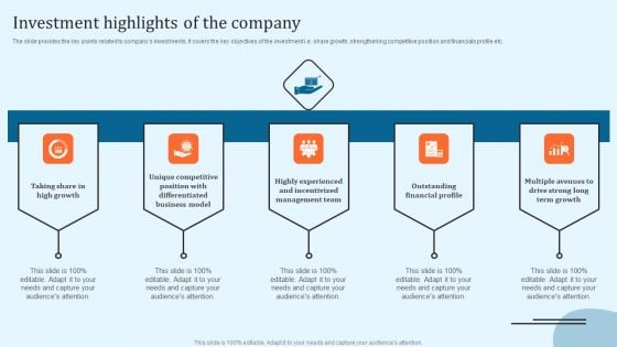 Equity Debt And Convertible Bond Investment Banking Pitch Book Investment Highlights Of The Company Template PDF